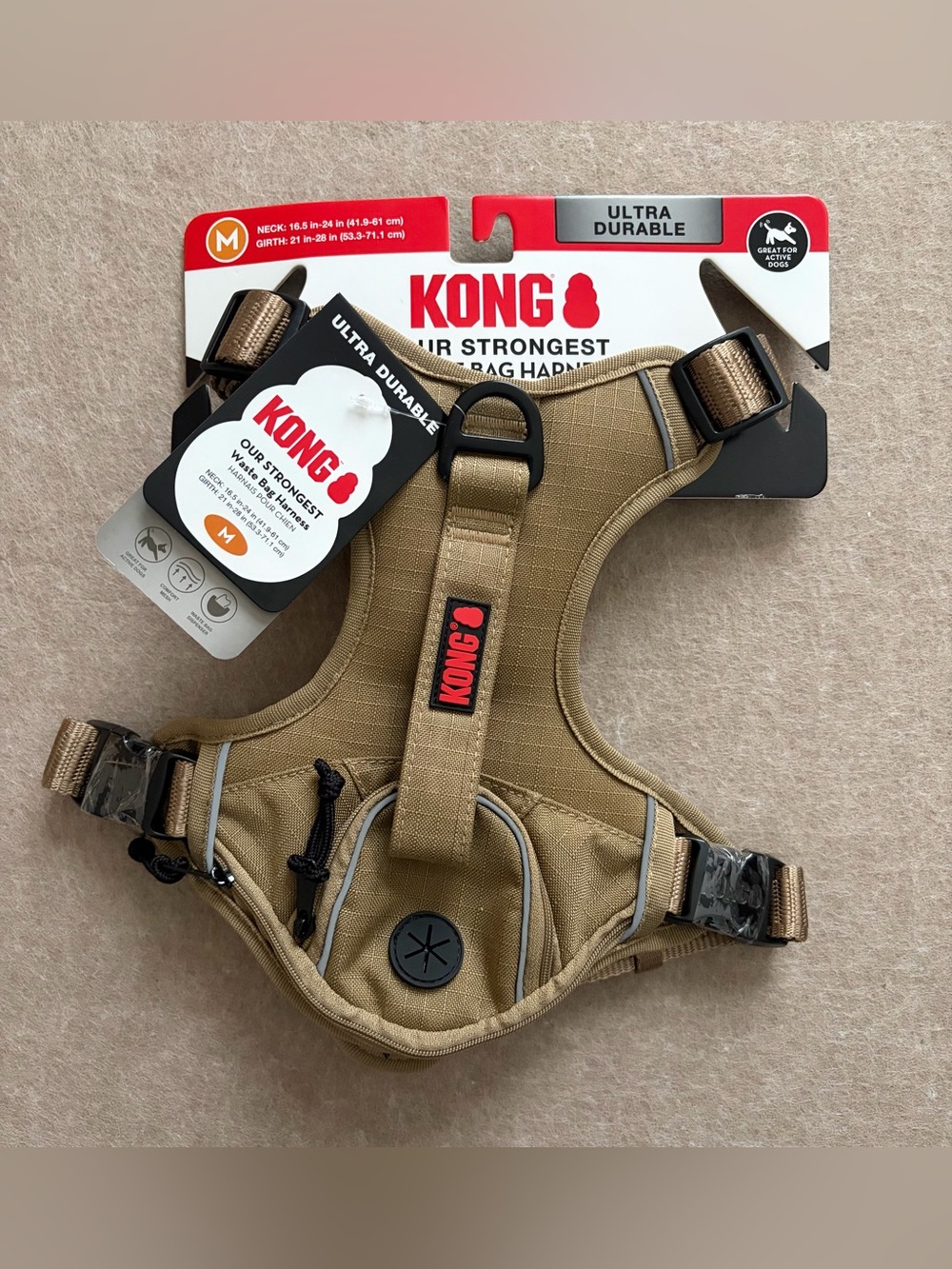 KONG Dog Harness Medium Tan Ultra Durable Waste Bag Dispenser Handle Padded New